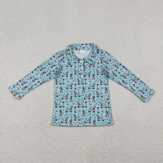Baby Boy Golf Print In Blue Long Sleeve Polo Shirt