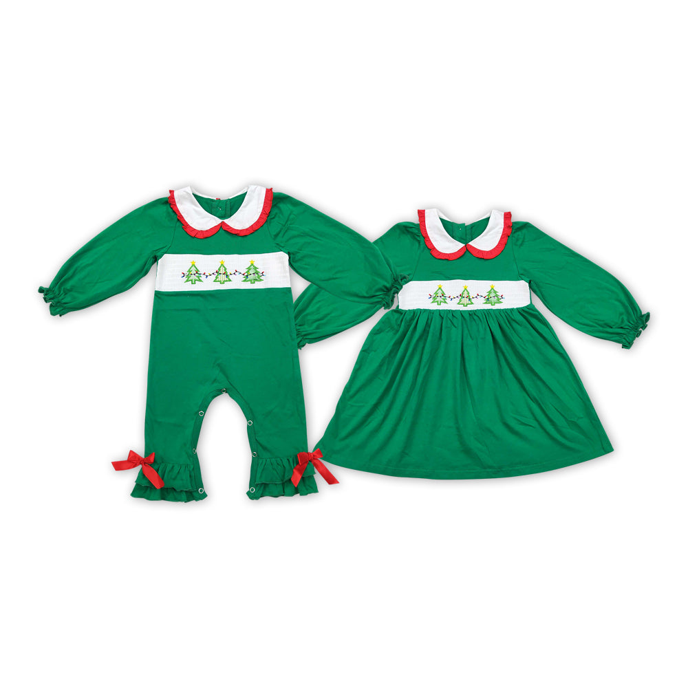 Baby Sister Christmas Tree Smocked Dress and Romper