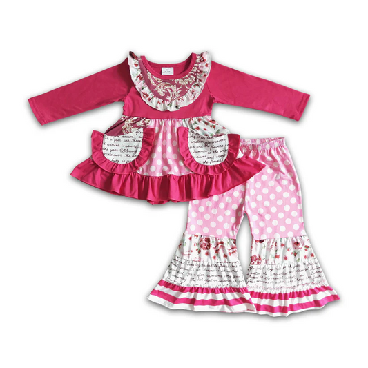 Baby Girls Hot Pink Pockets Long Sleeves Tunic Plaid Bell Bottom Pant Set