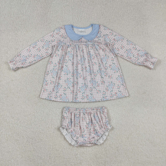GBO0466 Baby Girls Blue Floral Long Sleeve Tunic Top Bummie Set