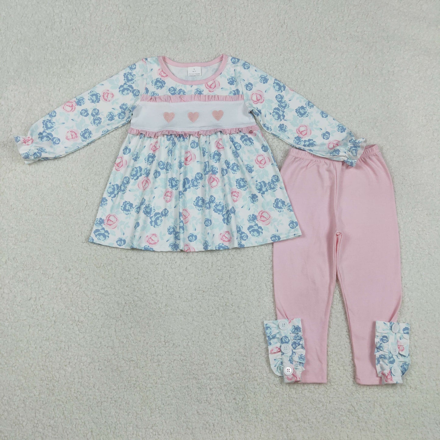 Kids Girls Floral Pink Heart Tunic Top With Leggings Set