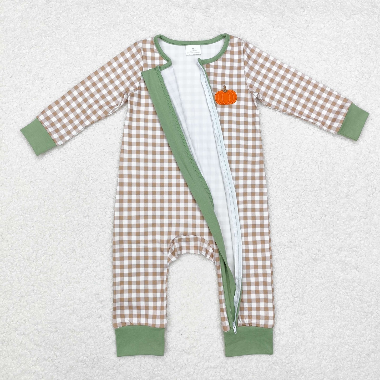 Baby Boys Pumpkin Brown Gingham Zipper Romper