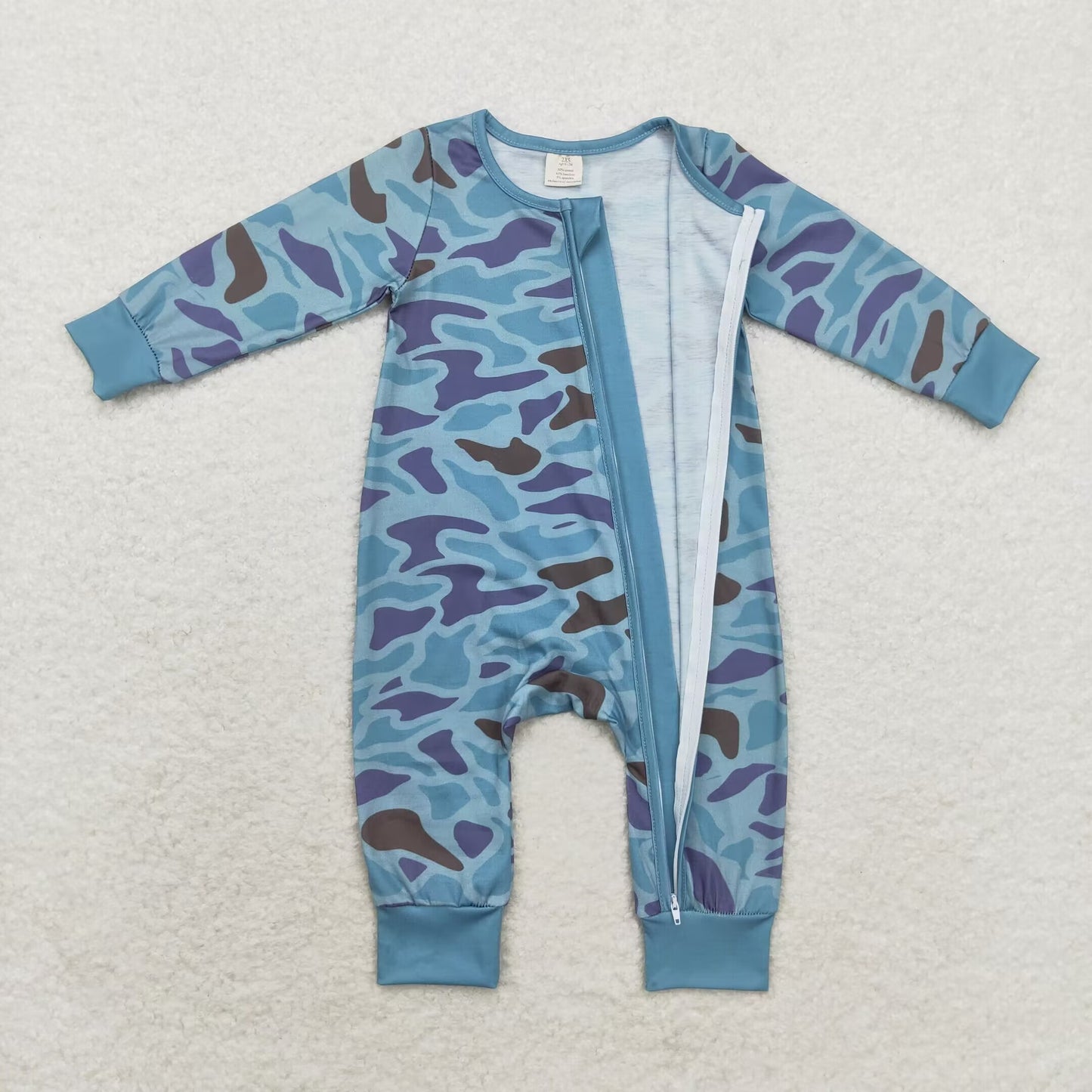 LR1462 Baby Boys Green  Camo Long Sleeve Zip Bamboo Romper