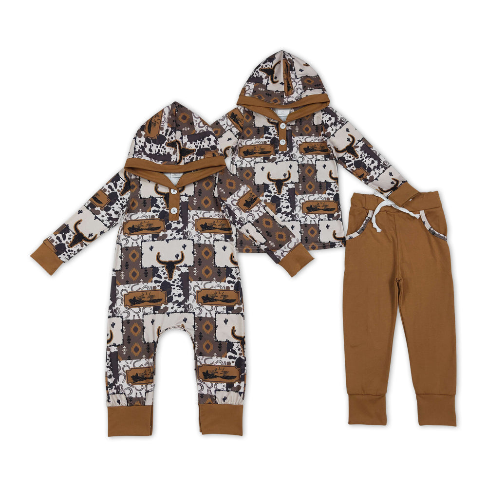 Sibling Baby Boys Western Bow Hooded Top Jogger Set /Romper