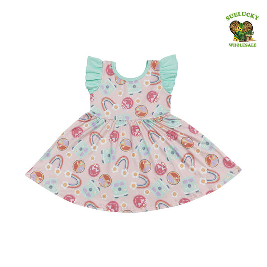 Kids Girls Camping Happy Face Flower Flutter Sleeve Dress