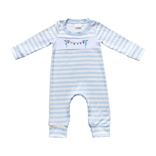 LR0583 Christmas Baby Boys Light Blue Striped Romper