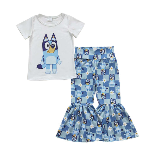 Cartoon Blue Dog Bell Bottom Pants Set