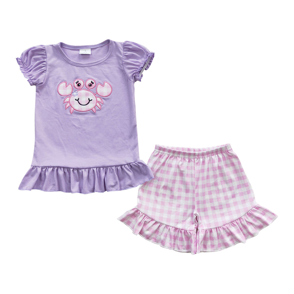 Summer Girls Purple Embroidery Crab Shorts Set