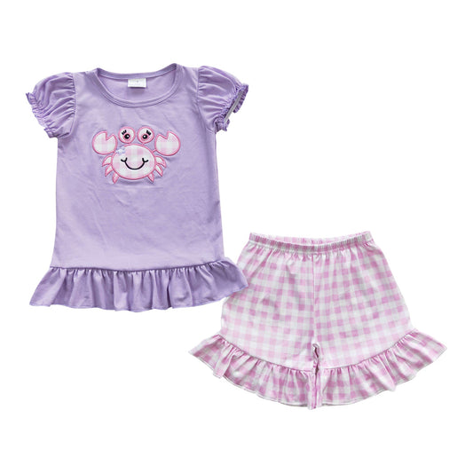 Summer Girls Purple Embroidery Crab Shorts Set