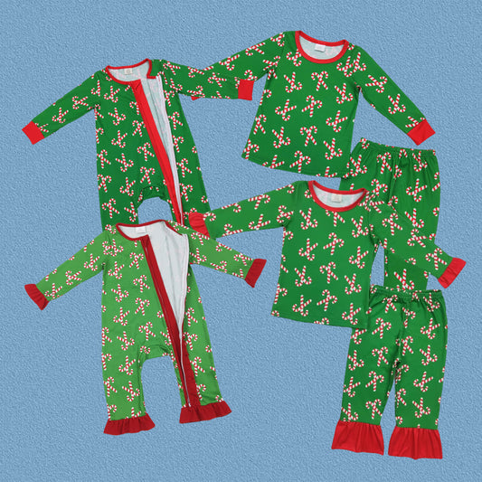 SIbling Girls Boys Christmas Candy Cane Green Pajama Set /Romper