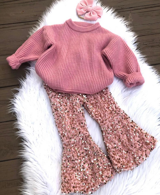 Kids Girls Pink Sweater and Sequin Pants Outfit