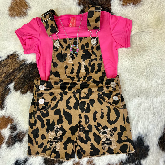 Kids Girls Summer Leopard Print Denim Shorts Overall Pants