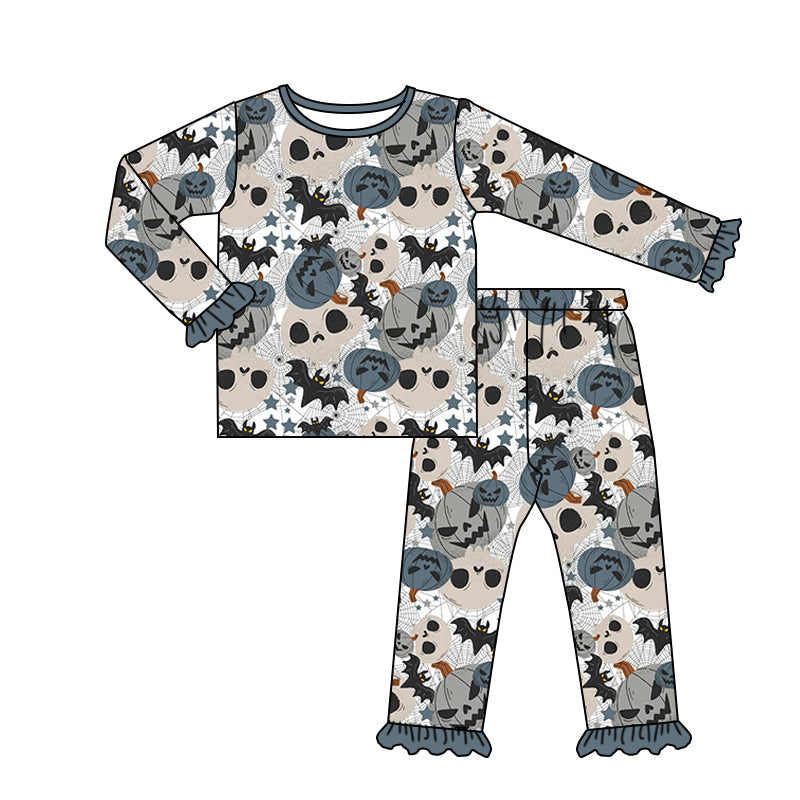 Preorder Kids Girls Halloween Pumpkin Pajamas Set With Ruffle