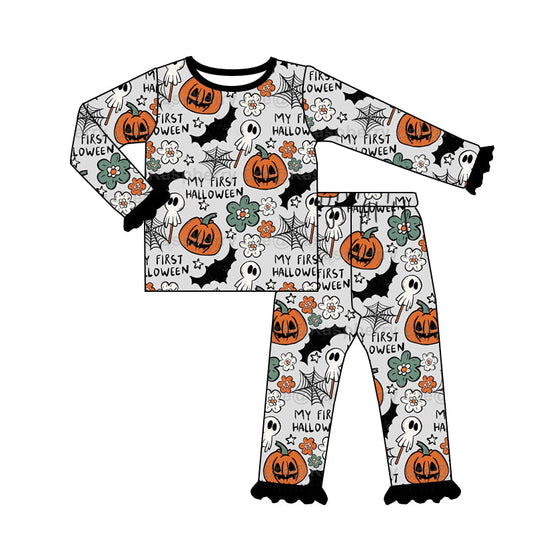 Preorder Kids Girls Halloween Pumpkin Boo Pajamas Set With Ruffle