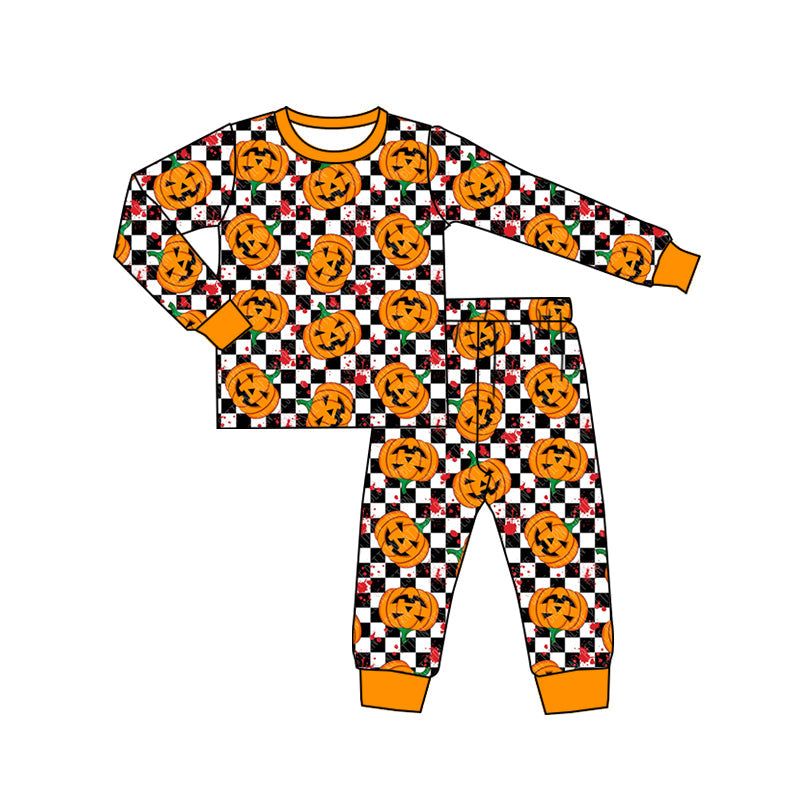 Preorder Halloween Baby Boys Checkerboar Pumpkin Pajamas Set