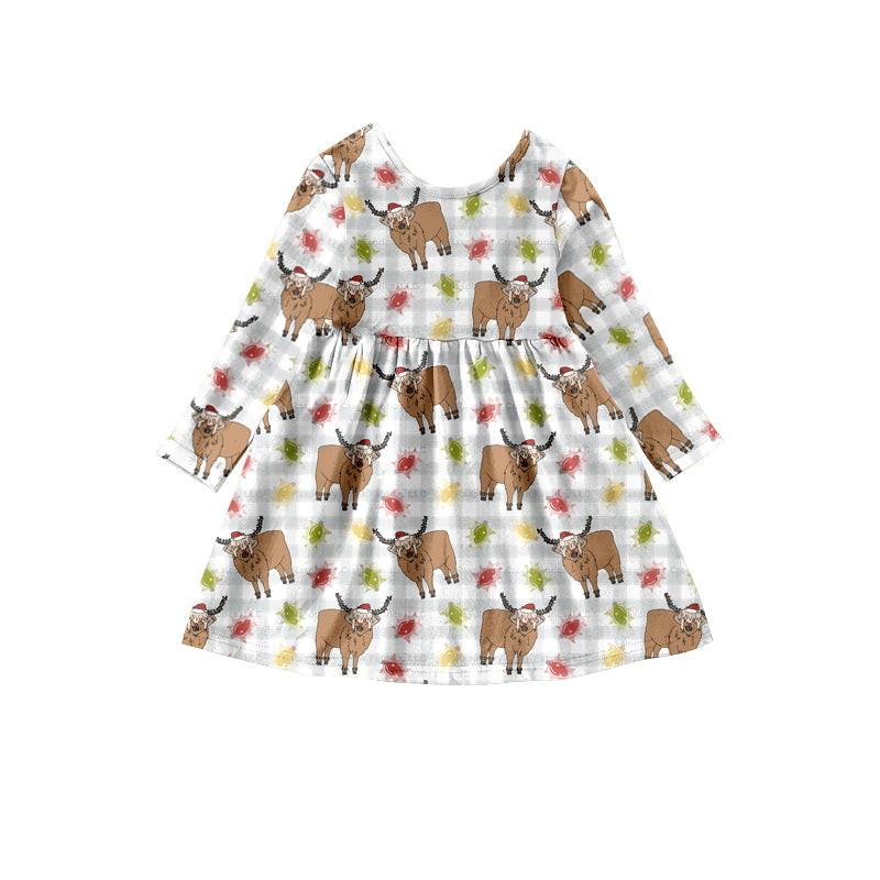 Preorder Girls Christmas Highland Cow Long Sleeve Dress