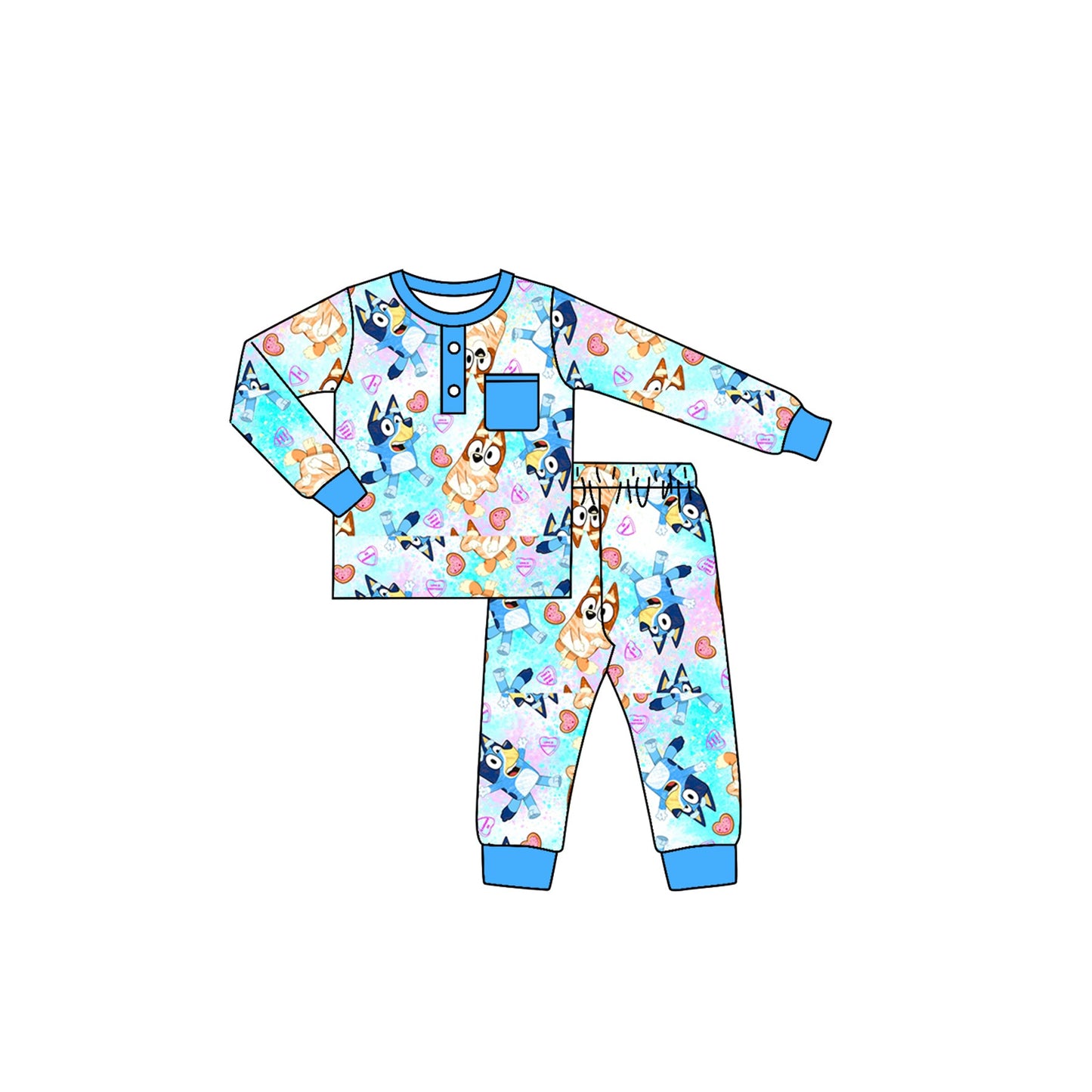 Cute Cartoon Blue Dog Sister Pajamas Set 5 MOQ