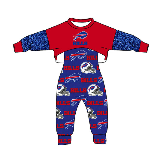 5 MOQ  Kids Girls Bills Football Team Top and Jumpsuit Set