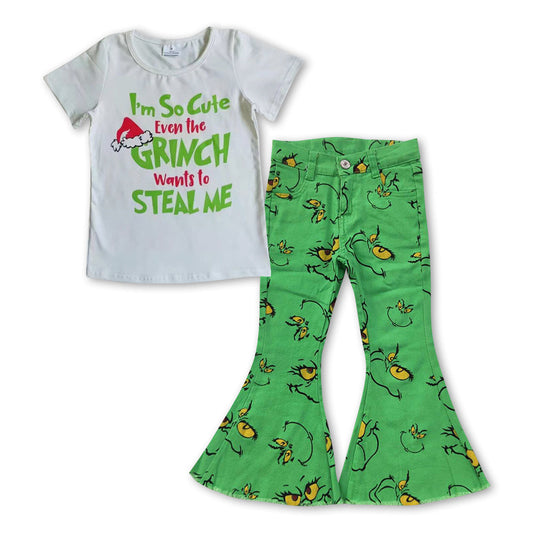 Baby Girls Christmas Green Face Top and Green Denim Bell Pants Outfit Pre-order