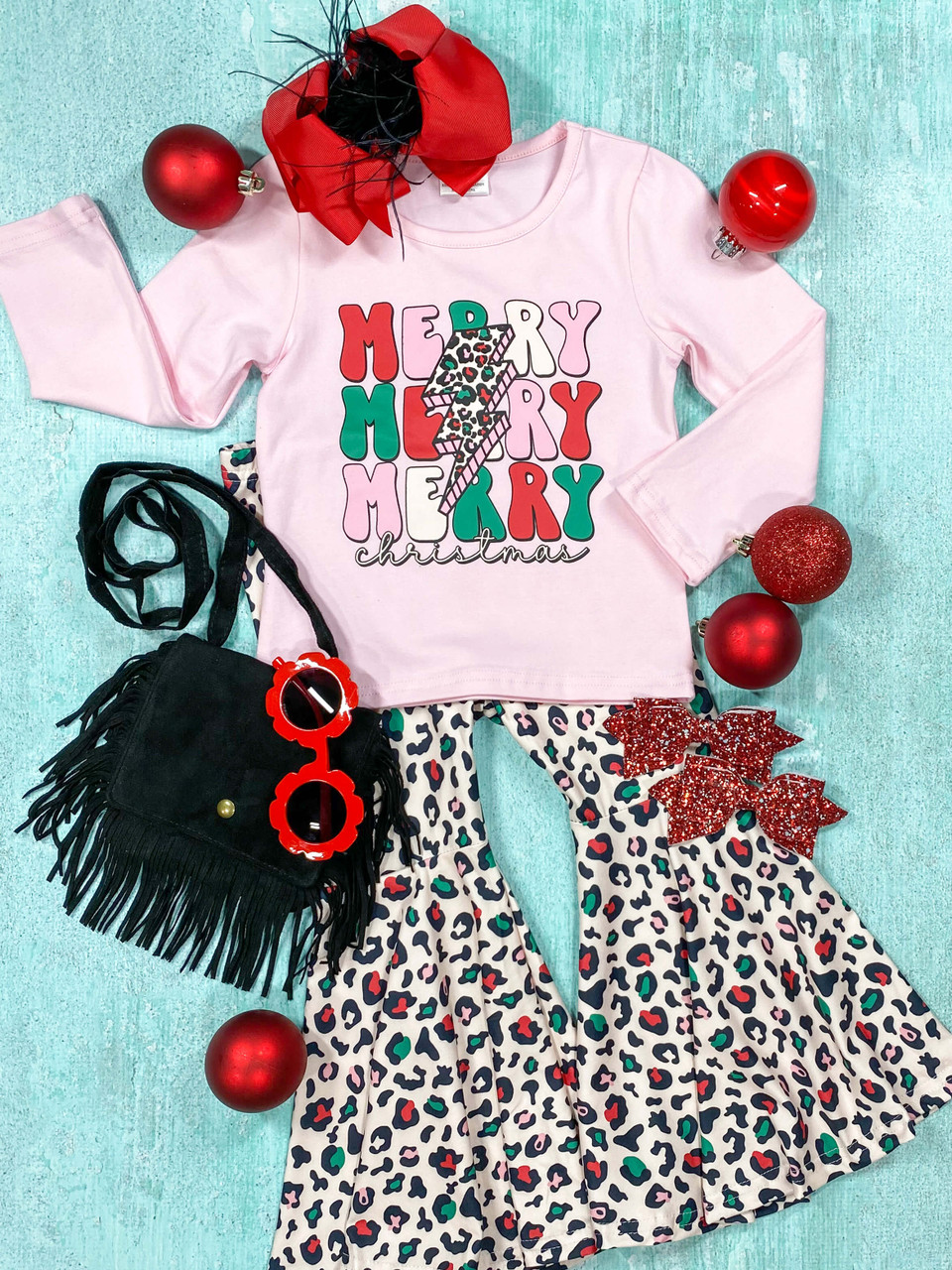 Custom ⚠ 3 MOQ Kids Girls Merry Christmas Pink Outfit