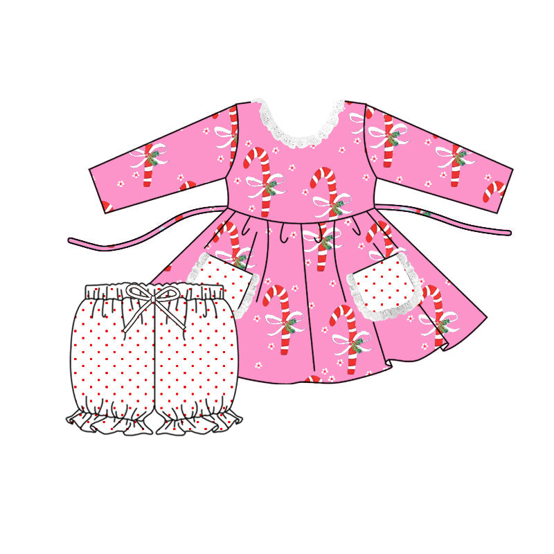 Preorder ⚠ 5 MOQ Kids Girls Christmas Candy Cane  Outfit With Pocket