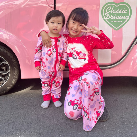 Sibling Baby Kids Hearts Trucks Top Bell Bottom Pants Valentine Pajamas Clothes Sets Dress Rompers