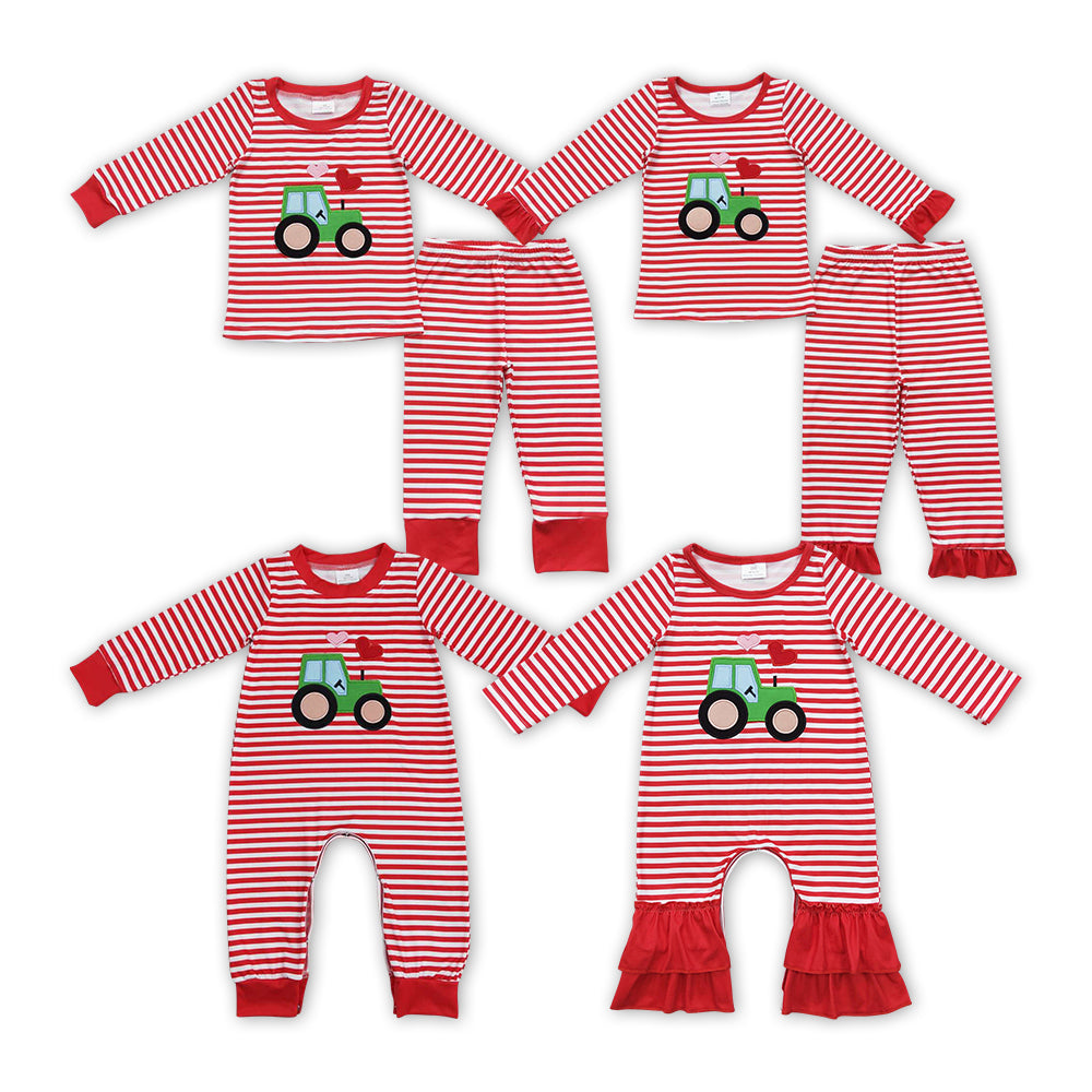 Sibling Girls Boys Valentines Red Stripes Tractor Hearts Outfit and Romper