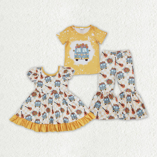 Kids Girls Camp Bus Flower Bell Bottom Pants Outfit