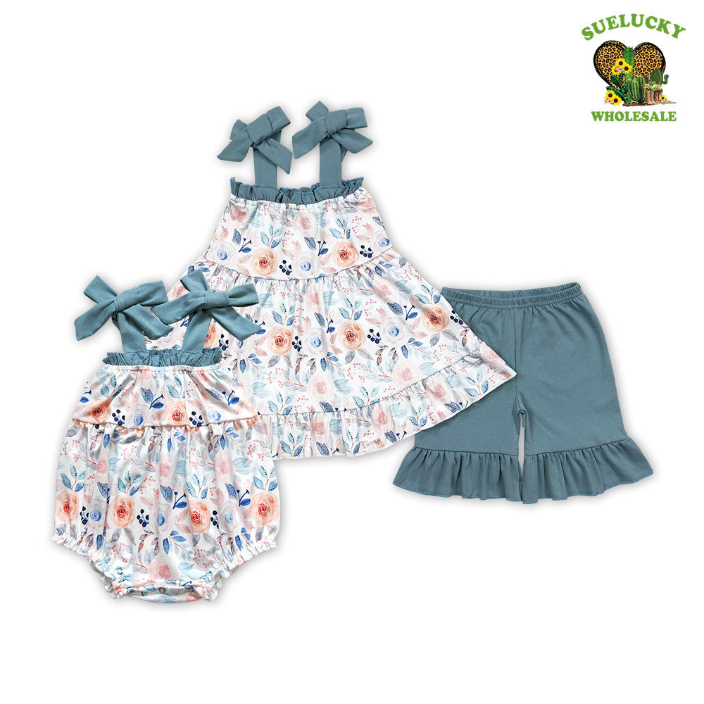 Kids Girls Rustic Floral Tunic Ruffle Shorts Outfit +Romper