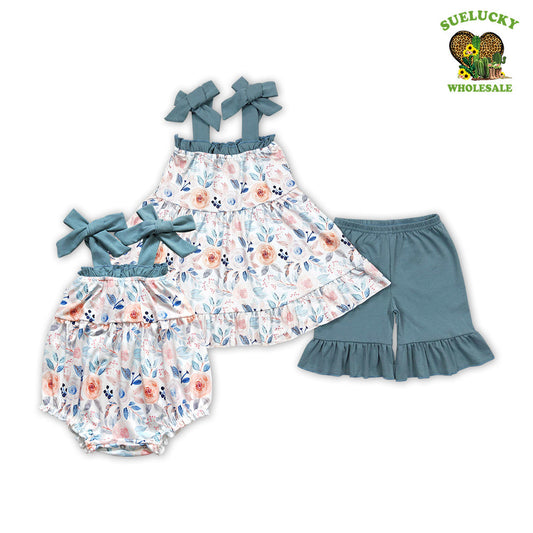 Kids Girls Rustic Floral Tunic Ruffle Shorts Outfit +Romper