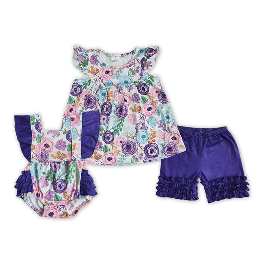 Kids Girls Summer  Purple Floral Tunic Top Icing Shorts Outfit  +Romper