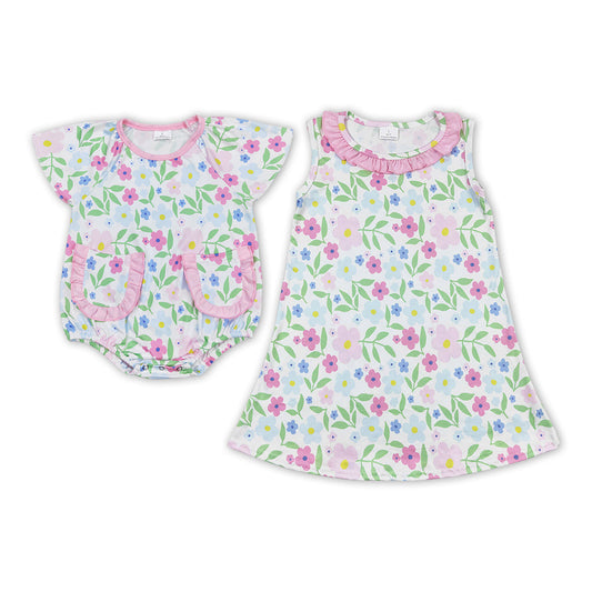 Floral Pink Sleeveless Knee Length Dresses and Romper Sibling Summer