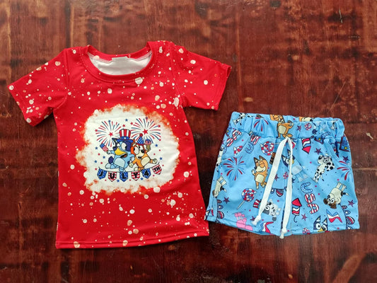 July 4th Cartoon Blue Dog Boys Shorts Set 3 MOQ Pre-order