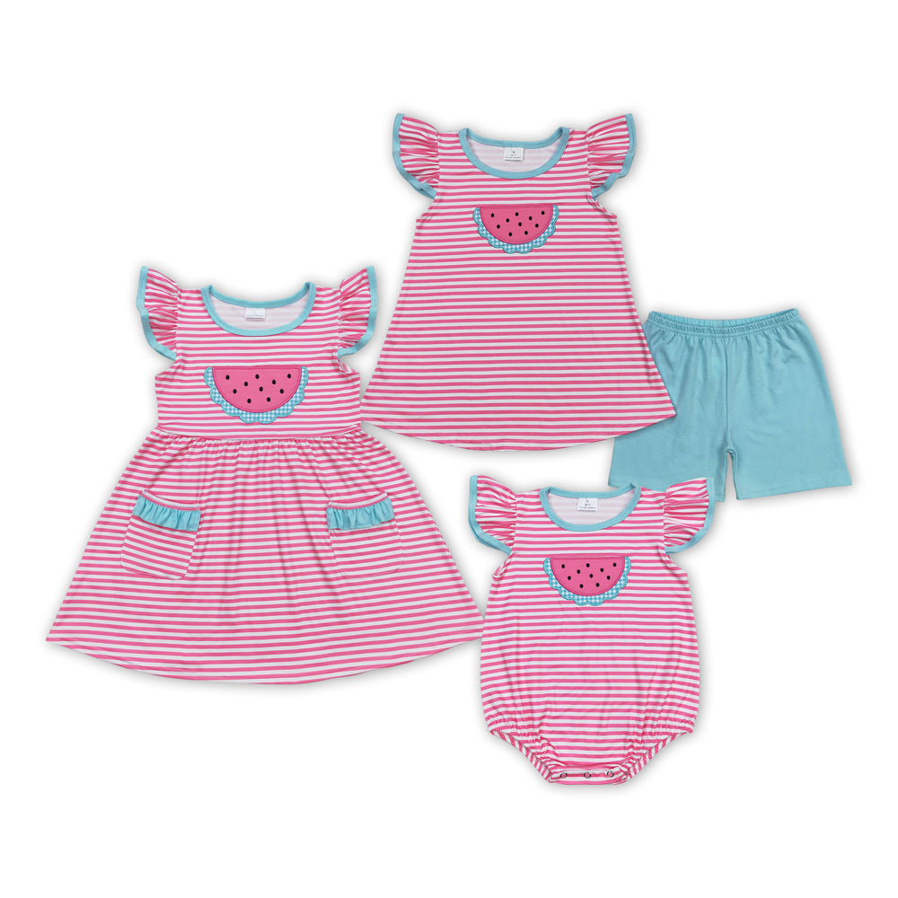 Summer Baby Girls Sibling Watermelon Pink Striped Clothes Set