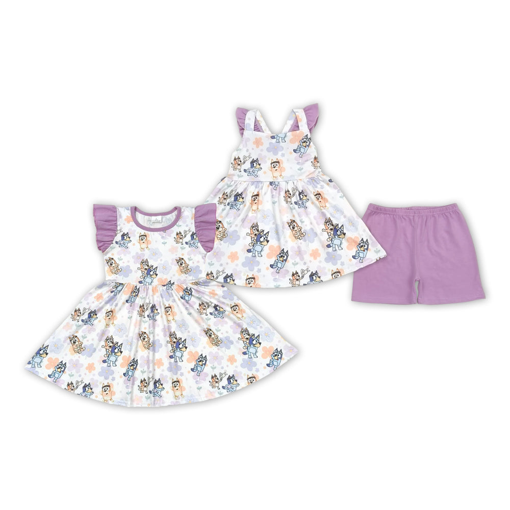 Sister Cartoon Dog Tunic Top Ruffle Shorts Set and Dress