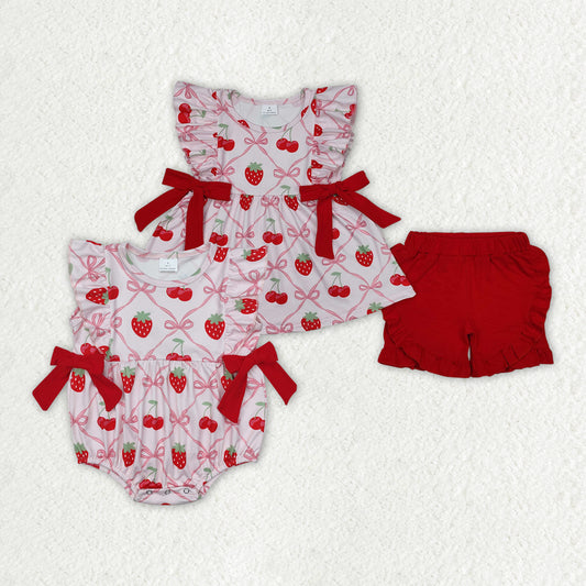 Sibling Baby Girls Pink Flutter Sleeves Bows Strawberry Ruffle Shorts Set Rompers