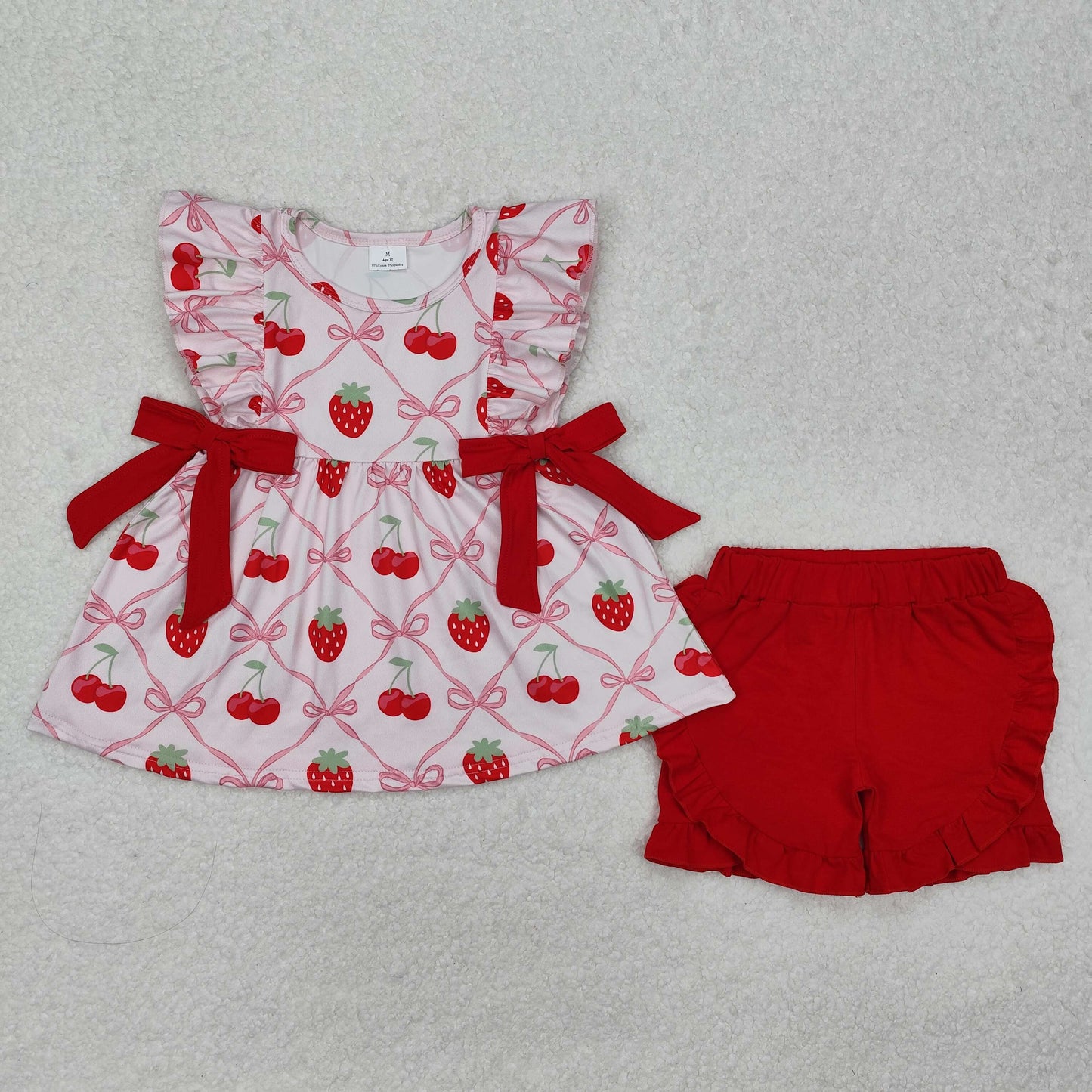 Sibling Baby Girls Pink Flutter Sleeves Bows Strawberry Ruffle Shorts Set Rompers