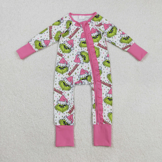 LR2495 Baby Girls Christmas Dr Amatic Green Face Long Sleeve Footed Romper With Zippy