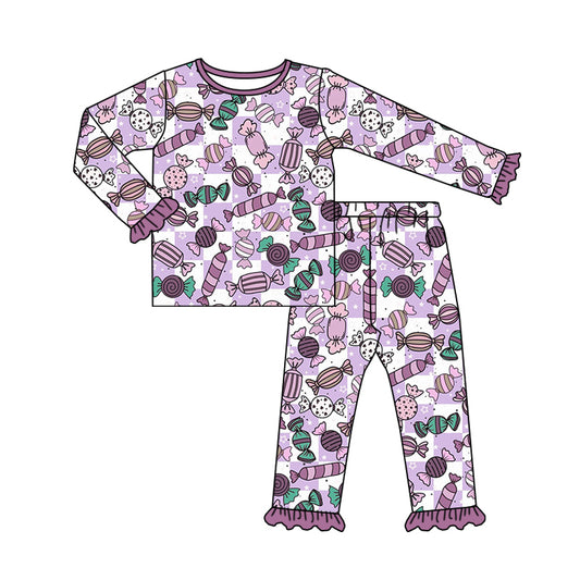 3 MOQ Kids Baby Girls Halloween Purple Candy Long Sleeve Pajama Set Pre-order