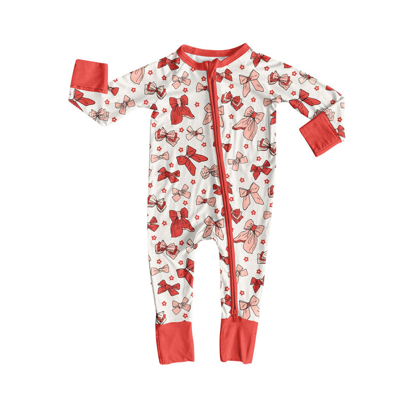 Preorder , 5 MOQ Baby Girls Red Bow Long Sleeve Footed Romper