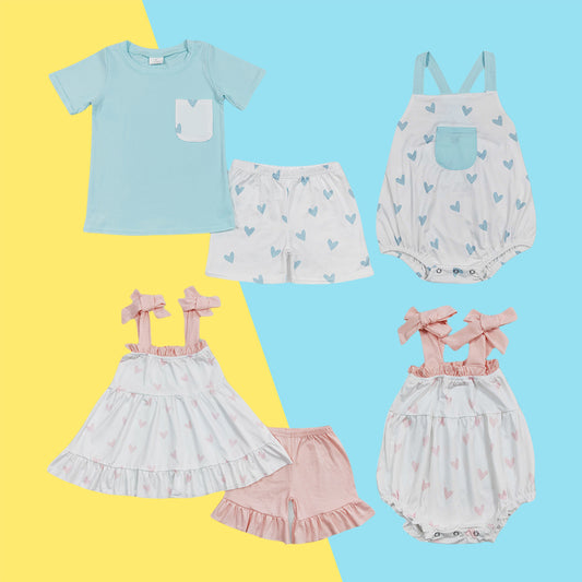 Baby Sibling Pink Blue Heart  Outfit dress and Romper