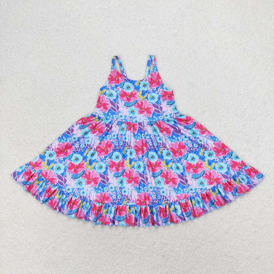 Baby Girls Pink Blue Flowers Straps Ruffle Knee Length Dresses