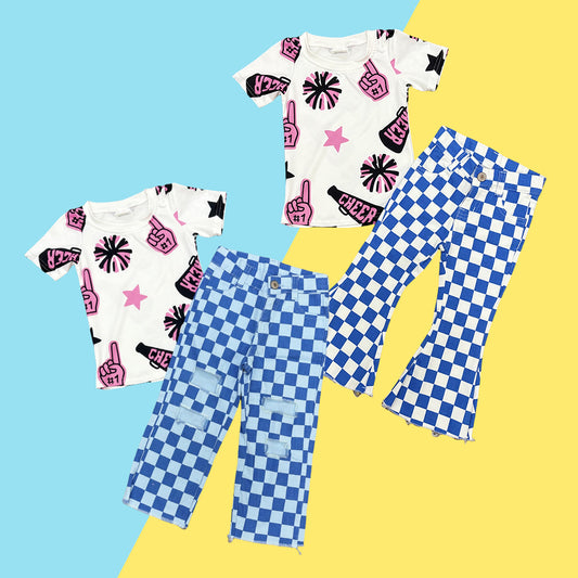 Baby Girls  Pink Sport Cheer Top With Blue Checkec Jeans set