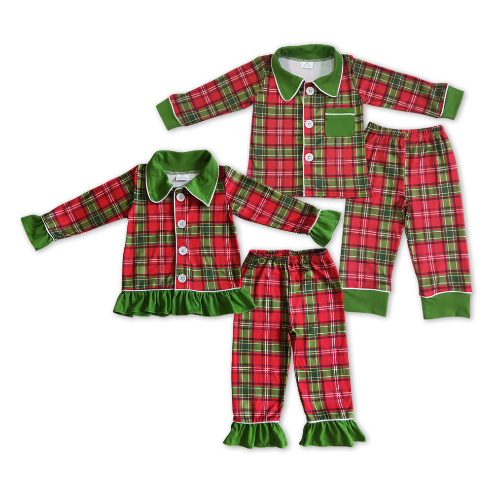 Baby Sibling Christmas Red Green Plaid Pajamas Sets Sleepwear