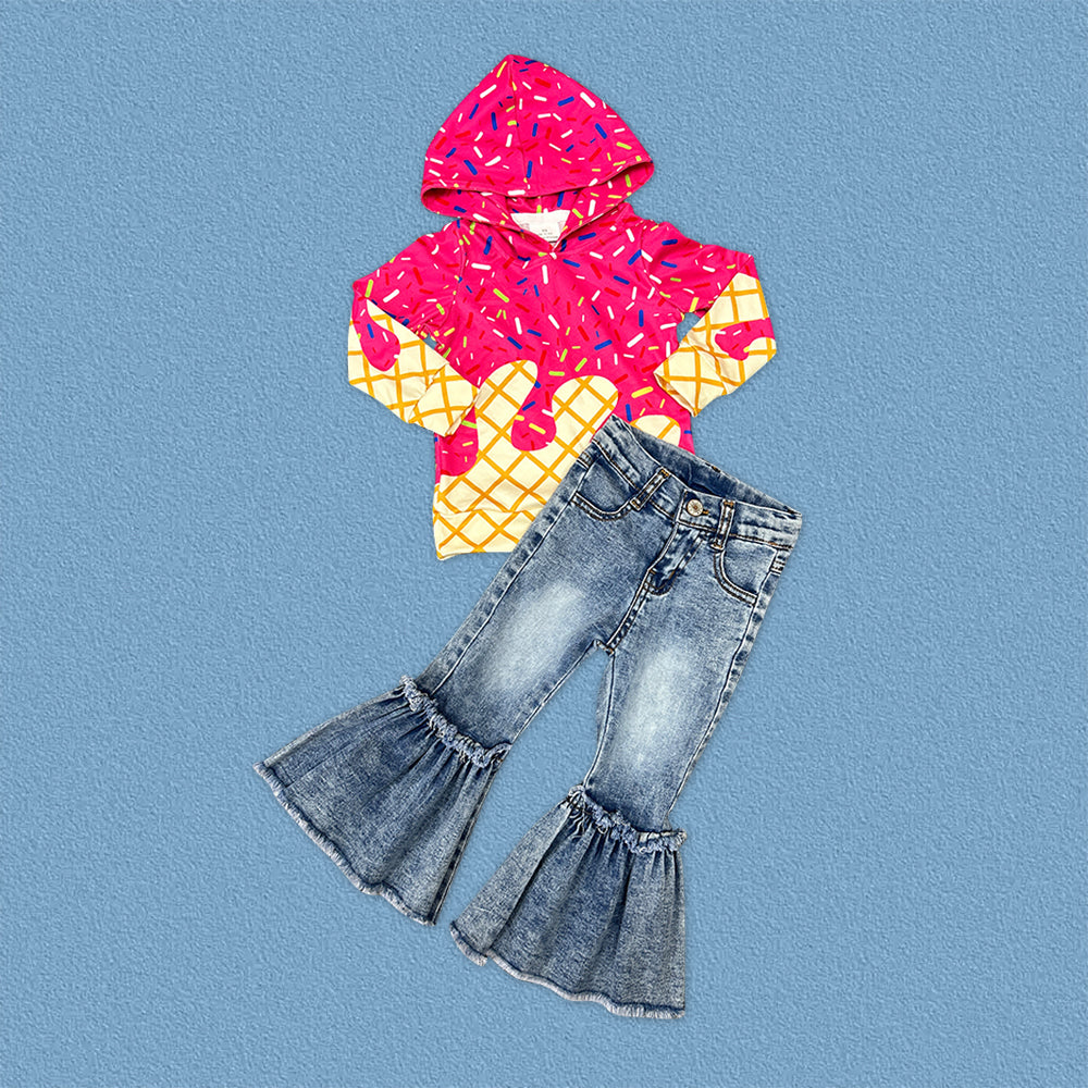 Ice Cream Drip Blue Hoodie Top With Bell Bottom Jeans Set