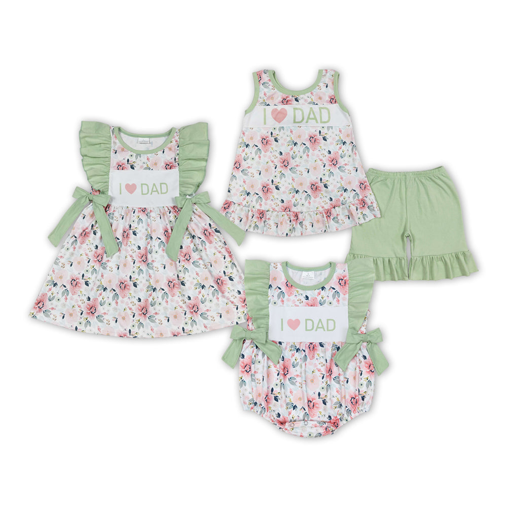 Slbling Baby Girls Aqua Flutter Sleeveless Floral I LOVE DAD Bows Dresses Romper And Set