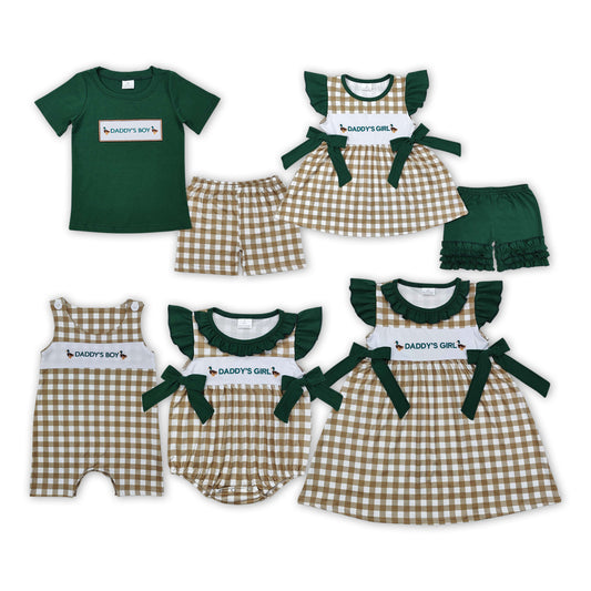 Sibling Baby Kids Embroidery Daddy's Girl And Boy Ducks Khaki Plaid Set Dress And Rompers