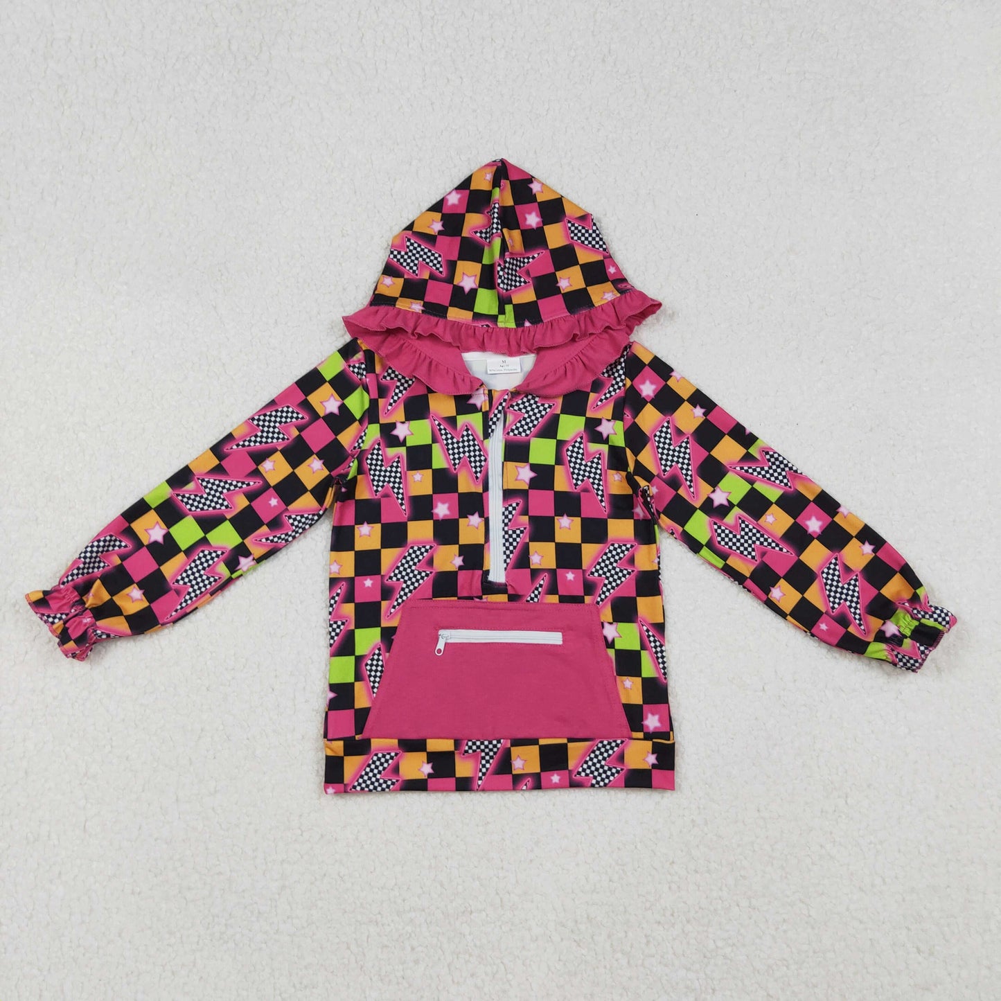 GT1117 Baby Girls flashing lightning Checked Hoodie Tip Half Zip