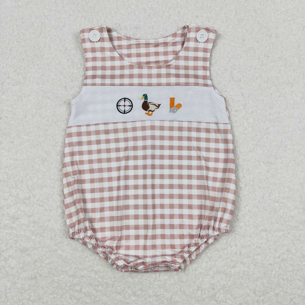 Sibling Baby Kids Khaki Plaid Embroidery Duck Top Set Dress And Rompers