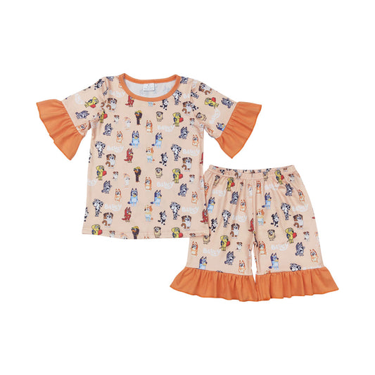 Baby Girls  Orange Cartoon Dog Shorts Pajama Set